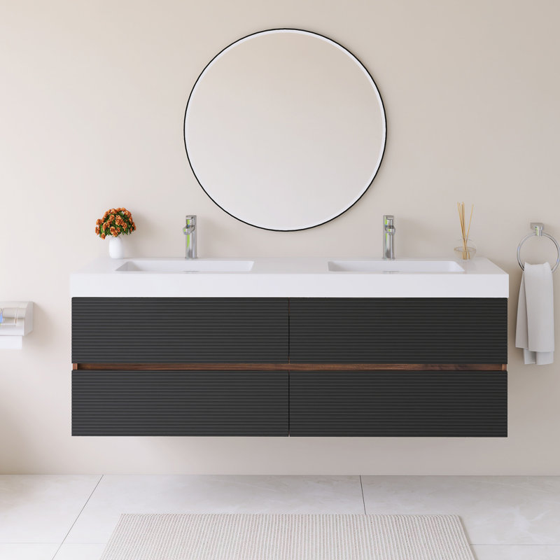 60" Wall-Mounted  Bathroom Vanity With White Solid Surface Basin, 60"
