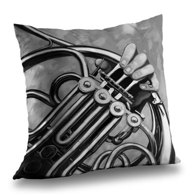 Musician with French Horn Monochrome Throw Pillow – Poly Twill Throw Pillow with Insert, Double-Sided Print