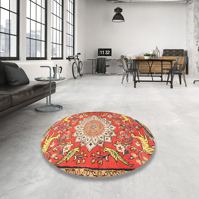Tapis rouge / beige à motif floral, Rond 7 pi