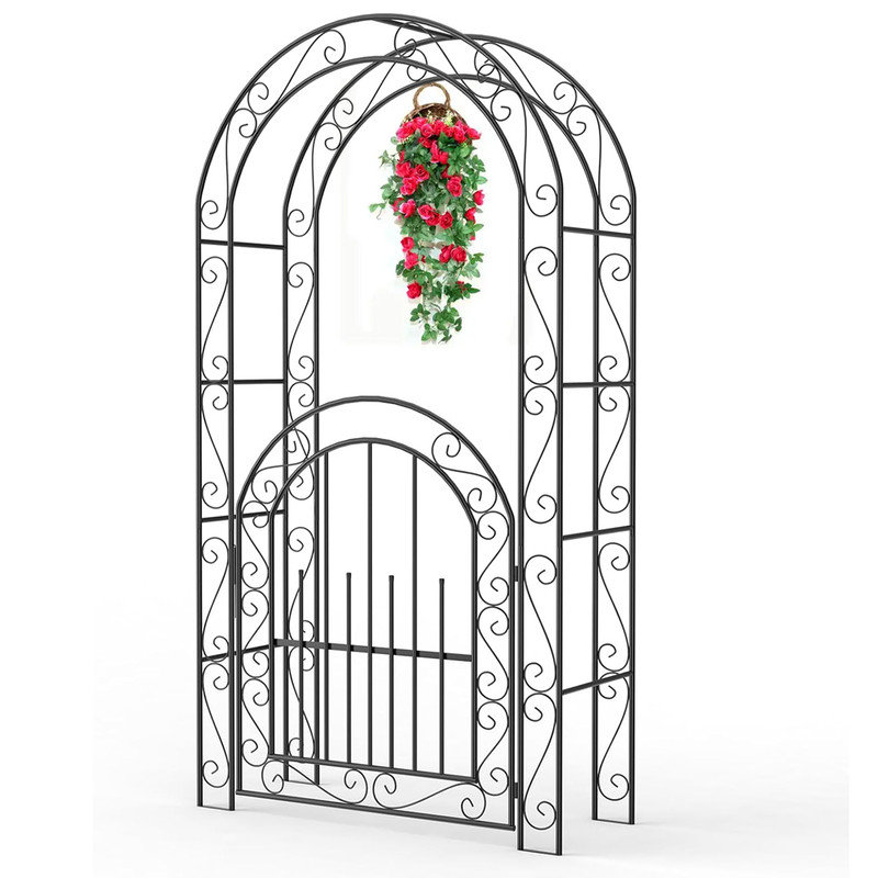 Arche de jardin de 8 pi de hauteur, treillis antirouille pour décors de mariage et plantes grimpantes, tonnelle en acier facile à assembler sans barrière avec barrière, comprend des piquets de sol