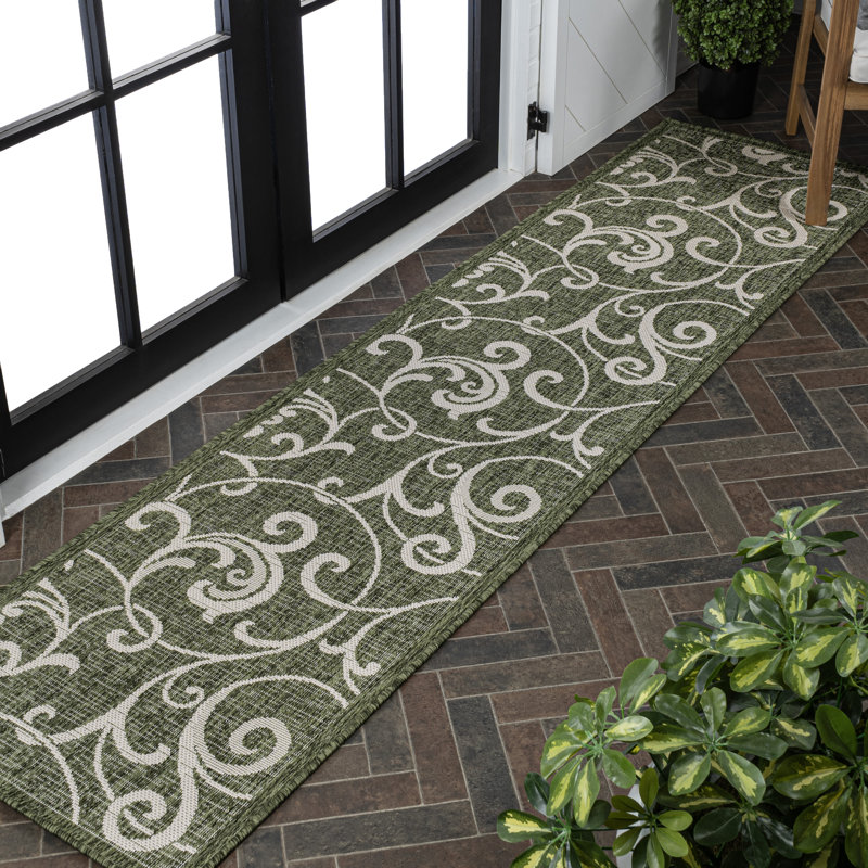Maribel Traditional Classic All-Over Scroll Green/Cream Indoor/Outdoor Rug, Runner 2' x 7'10"