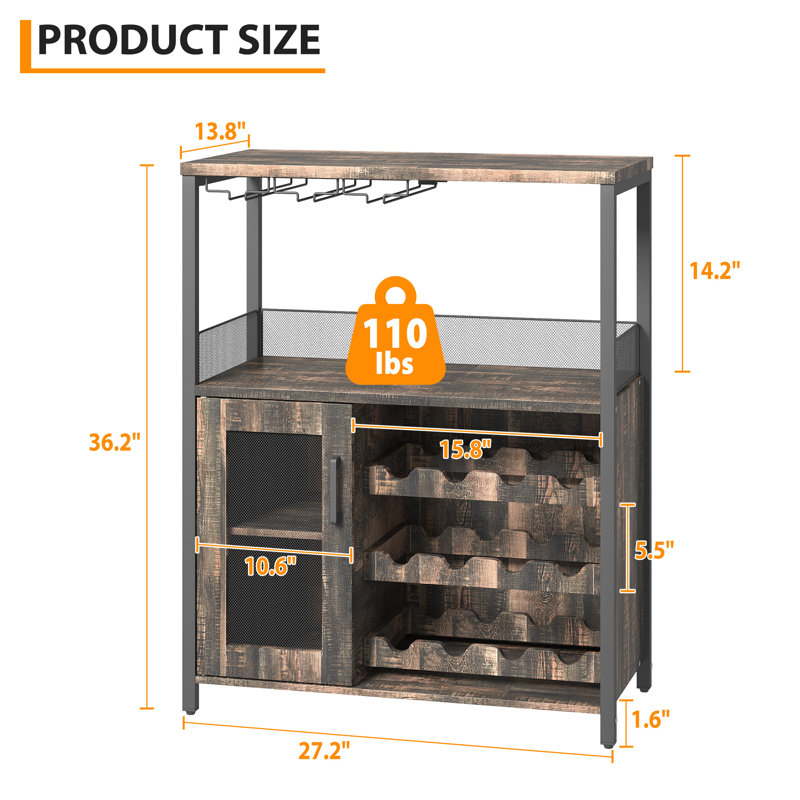 Armoire à vin avec support amovible, porte en filet et pieds réglables, rangement pour boissons alcoolisées à 3 niveaux
