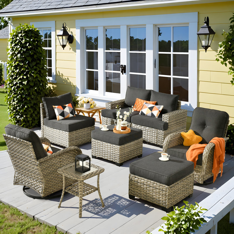 Carolle 9-Piece Outdoor Patio Furniture with fire pit,All-Weather 7-Person Pe Wicker Outdoor Conversation Set, Patio Couch Swivel Rocker Chairs With Solar Powered Coffee Tables For Backyard,Poolside,Deck