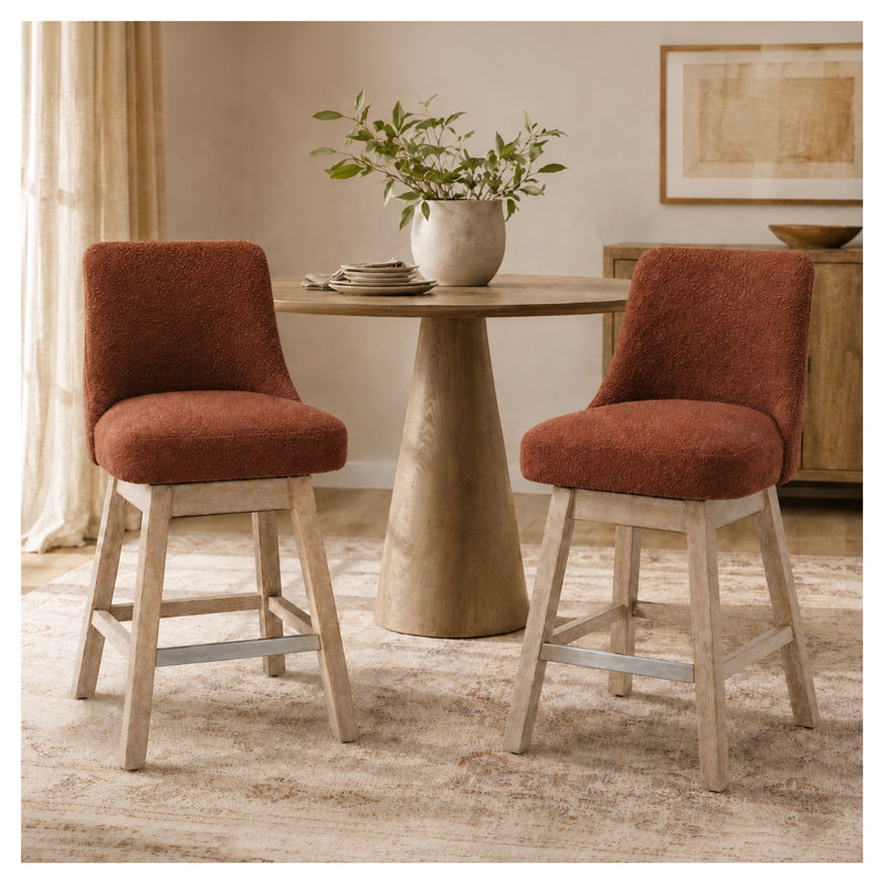 Ensemble de 2 tabourets de bar pivotants, hauteur comptoir 66 cm, avec dossier, revêtus de tissu bouclé, style moderne du milieu du siècle, pieds en bois massif, pour îlot de cuisine, couleur bordeaux.