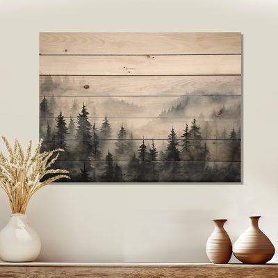 «Grey Misty Morning Forest Horizon», art mural en bois de forêt sur bois de pin naturel