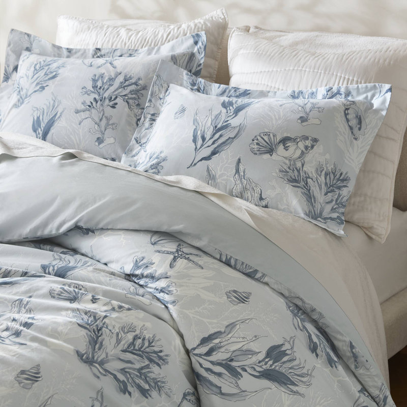 Botanical 100% Cotton Sateen Duvet Cover Set, King Duvet Cover + 2 King Shams, Navy Blue