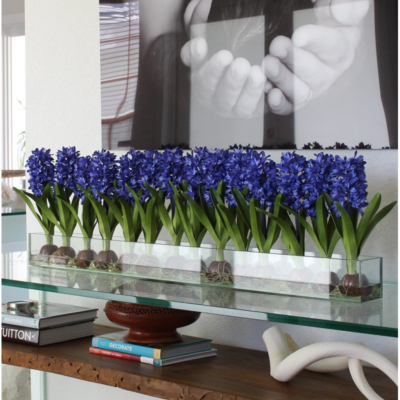 Orchids Centerpiece in Glass Planter, Blue, 16" H x 48" W x 4" D