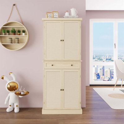 4 Door Storage Cabinet With 1 Drawer And 4 Adjustable Shelves, Engineered Rattan For Durability And Safety
