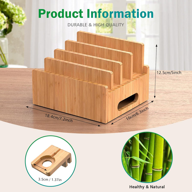 Cell Phone Charging Stations, Bamboo Dock Organizer,With Pack 5 Cables,Dock Rack +Cables