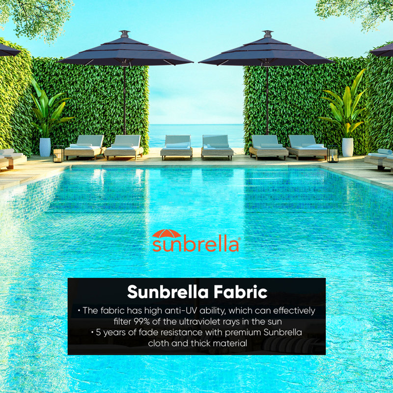 Pasticallo Paramount Series Smart Umbrella With Remote, Wind Sensor, Solar Panel, Led Center Lighting, Removeable Led Lighting Strip, Sunbrella Spectrum