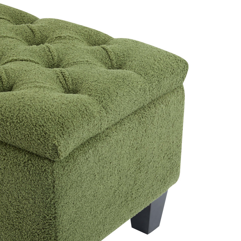 Banc repose-pieds avec rangement, surface bouclée verte, pieds en bois d'hévéa, capacité de 300 lb