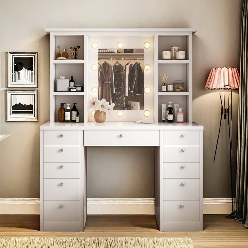 Bureau de coiffeuse spacieux avec miroir à DEL, 11 tiroirs et 3 modes d'éclairage réglables pour une expérience de maquillage ultime