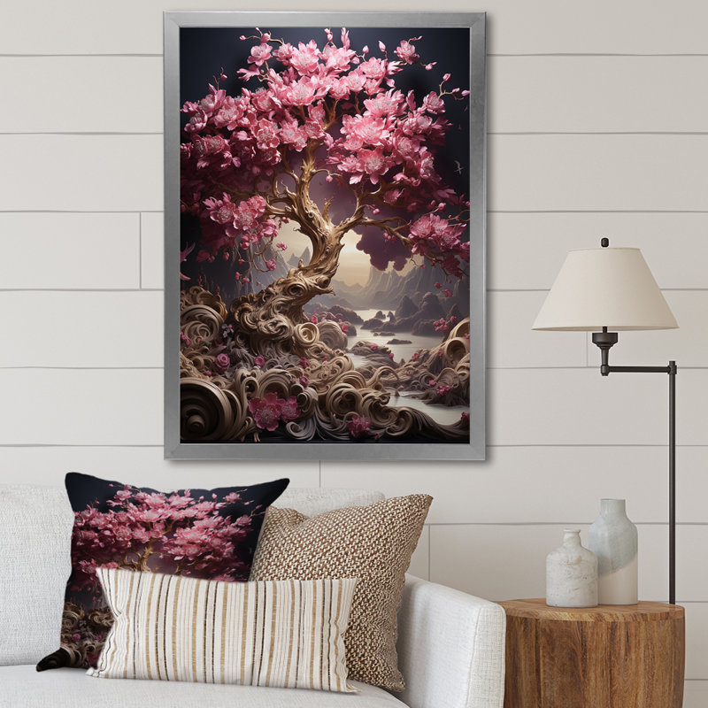 Orchidée rose jardin de branches III - art mural cerisier en fleurs, Cadre flottant doré, H 20 po x l 12 po x P 1 po