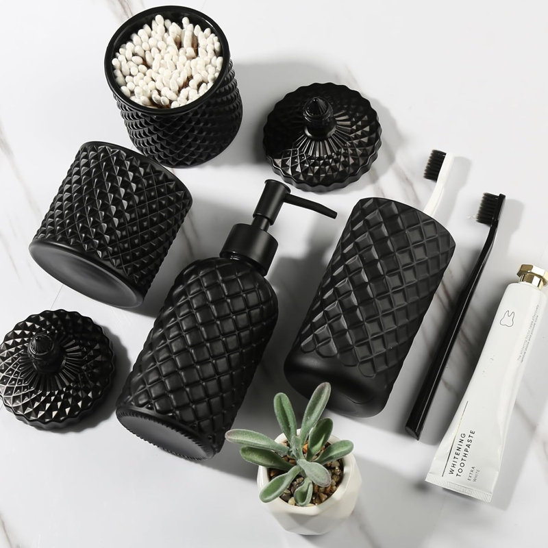 Ensemble de 4 accessoires de salle de bain noirs, distributeur de savon en verre diamant et porte-brosse à dents pour comptoir