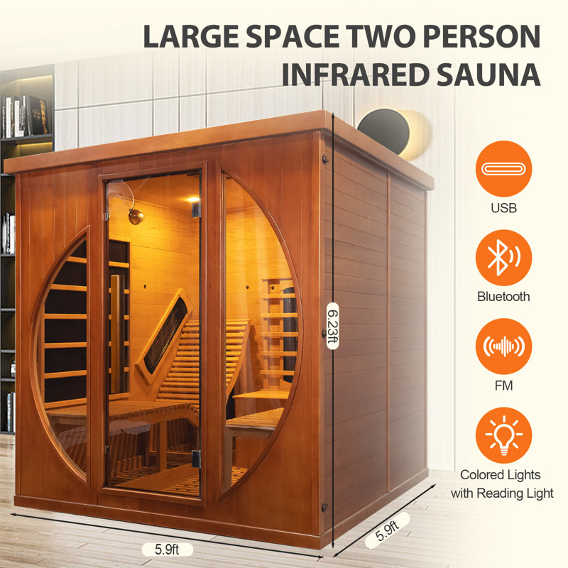 Hylivesaunas Full Spectrum Infrared 2 Person Sauna Room, Red Light Therapy Luxury Wood Home Sauna with Recliner, Canadian Red Cedar Indoor Dry Saunas Spa, 3400W with 10 Heaters, Speaker, Light, Oxygen Bar