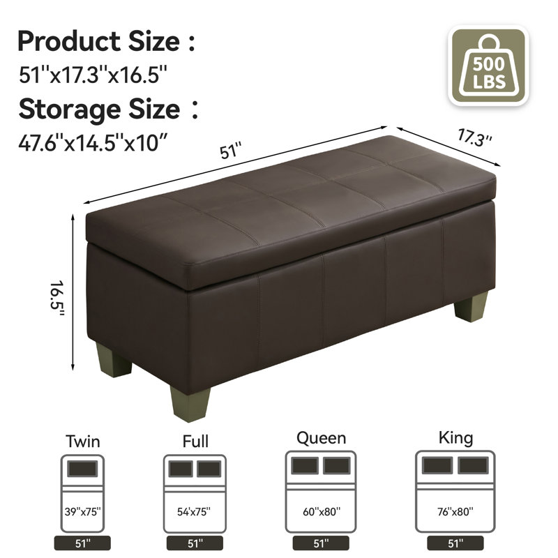 Banc de rangement rembourré en similicuir de 51 po de largeur, Brun, H 16,5 po x l 51 po x P 17,3 po