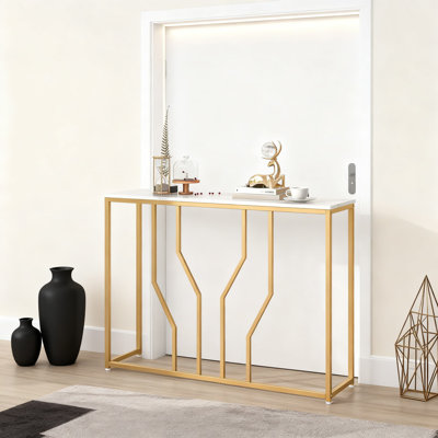 Modern Console Table With Faux Marble Tabletop And Geometric Metal Frame, Narrow Sofa Table For Entryway, Foyer, Living Room