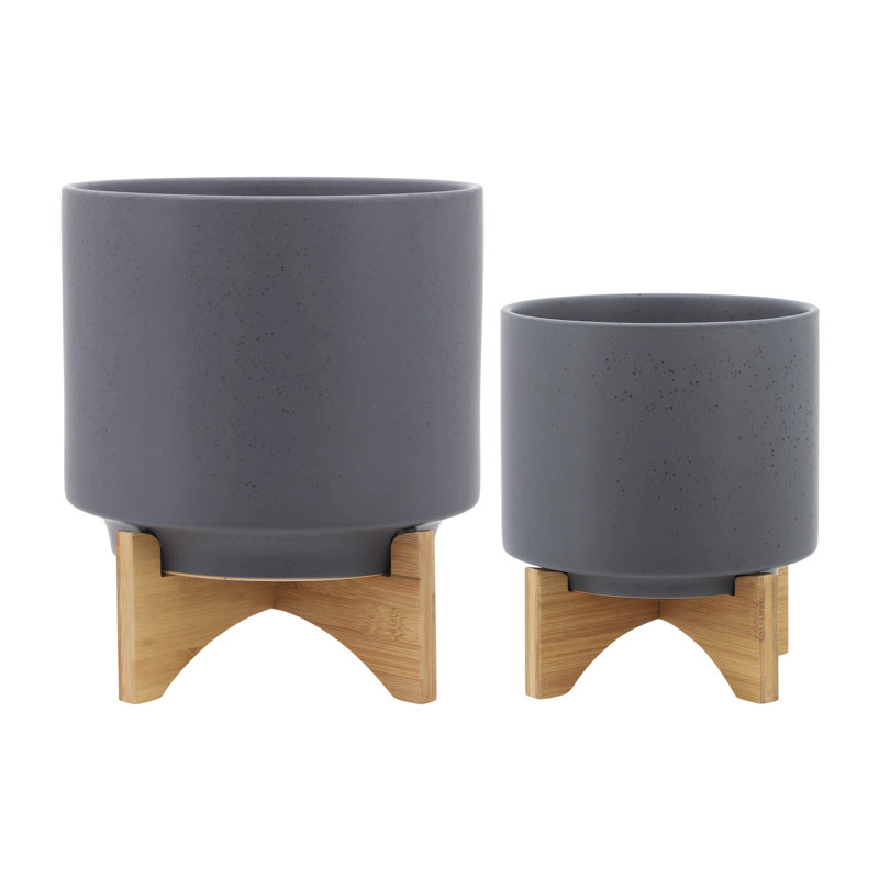 8/10" Planter W/ Wood Stand, Matte Gray, 12" H x 10" W x 10" D