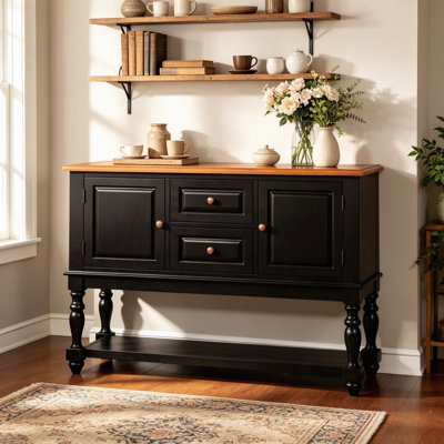 Buffet 52,25 pouces style transitionnel en bois massif, buffet noir et chêne antique avec pieds tournés classiques et tiroirs de rangement pour la décoration de la salle à manger