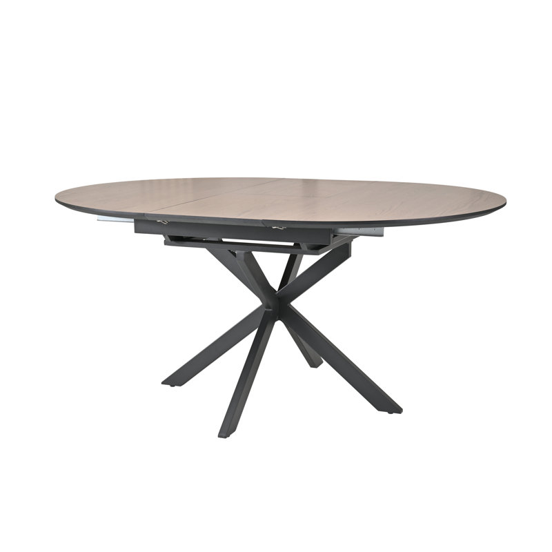 Deebora Extendable Round Metal Base Dining Table, Brown Wood