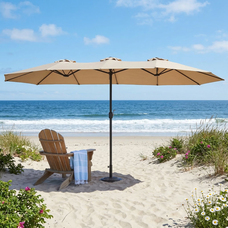 Spacieux parasol rectangulaire d'extérieur de 14,8 pieds avec auvent double-face et manivelle pratique (ton kaki, base non fournie)