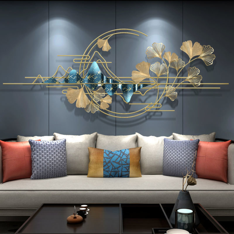 59 Inch Metal Abstract Ginkgo Leaf Wall Decor, Modern Mountain & Ginkgo Biloba Wall Art for Living Room, 24" H x 59" W x 3" D