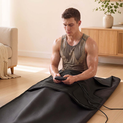 Couverture de sauna infrarouge 185 x 89 cm, sac de sauna portable en cuir PU, chauffage uniforme pour la détox et la relaxation à domicile, contrôle de la température et minuterie, enveloppement chauffant pour tout le corps avec doublure en serviette, sac de transport, noir