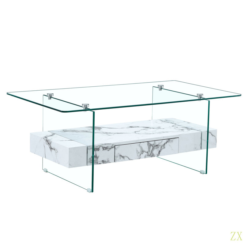 Table basse moderne à deux niveaux de 43,3 pouces - verre trempé transparent et texture de marbre, design de rangement multifonctionnel. L'étage inférieur comprend un tiroir. Peut être utilisé comme table basse, table d'appoint, etc.