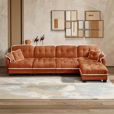 Chenille Upholstered Sofa with Tufted Cushions, Pom-Pom Trim, Matching Pillows and Multi-Functional Ottoman