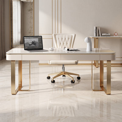 Bureau de direction moderne de 180 cm avec plateau en marbre blanc, bureau d'ordinateur de luxe avec tiroirs de rangement et pieds en métal doré, idéal pour le télétravail ou la maison.