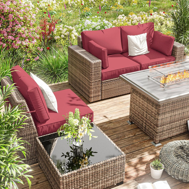 Outdoor 4" Thick Replacement Cushion Set Seat/Back Cushion (Set Of 3 Seats , 3 Backs , 2 Short Backs), Fuchsia Red
