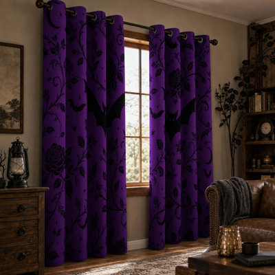 2 pièces de chauves-souris et de roses gothiques avec rideaux bloquant le soleil, œillet de style universitaire foncé, thème d'Halloween décoratif pour le salon de la chambre à coucher