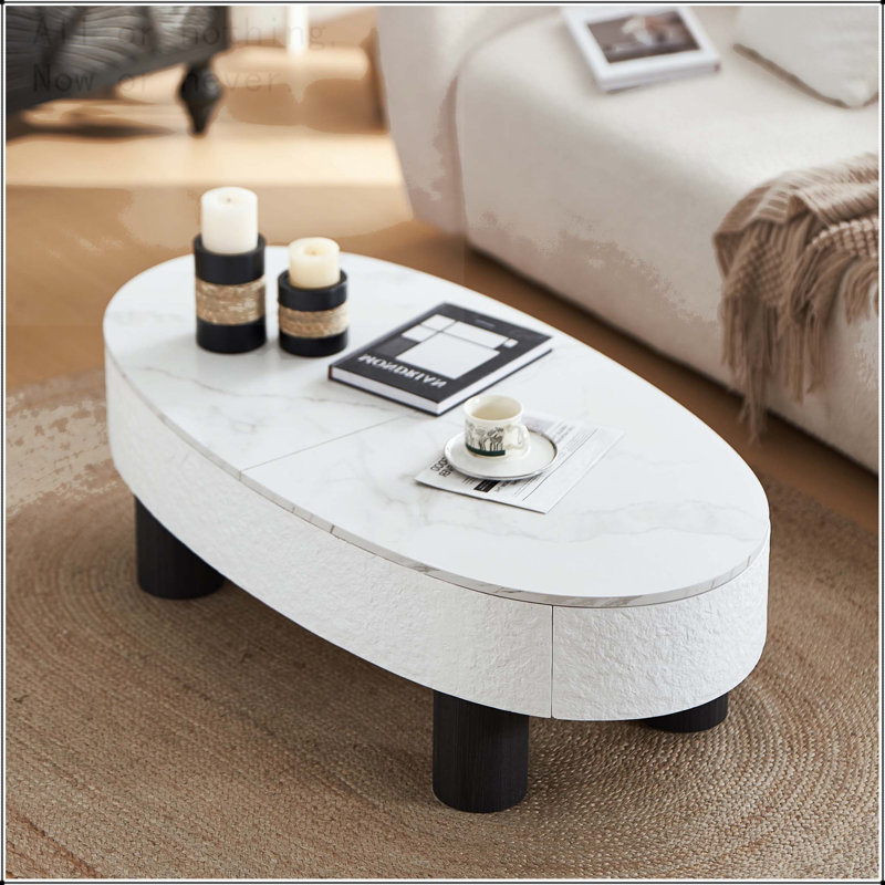 Table basse ovale avec plateau en faux marbre et rangement caché