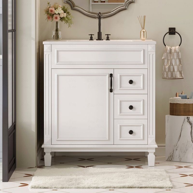 Meuble-lavabo de salle de bain avec lavabo en céramique, petite armoire de salle de bain, armoire moderne avec 2 tiroirs et tablette réglable