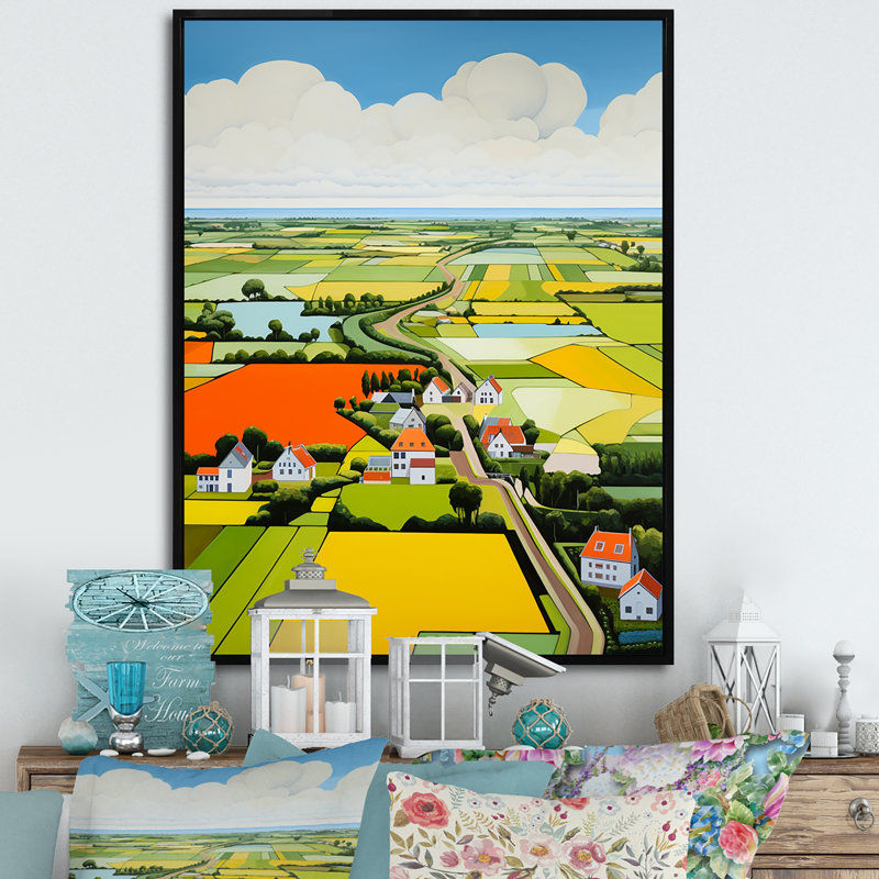Paysage de ferme sur toile, "De Stijl", Cadre flottant noir, H 20 po x l 12 po x P 1 po
