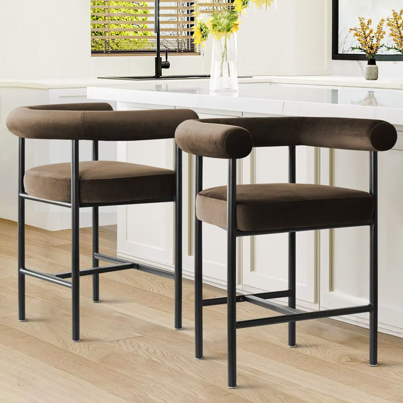 Modern 24" Upholstered Velvet Solid Back Counter Stool with Arms (Set of 2), Chocolate Brown