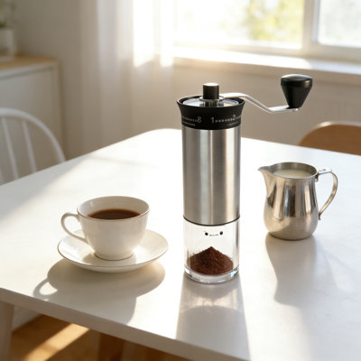 Moulin à café manuel avec 56 réglages de mouture externes, meules en céramique, corps et manivelle en acier inoxydable, moulin à main portatif pour espresso, presse française, voyage, camping et brassage à la maison