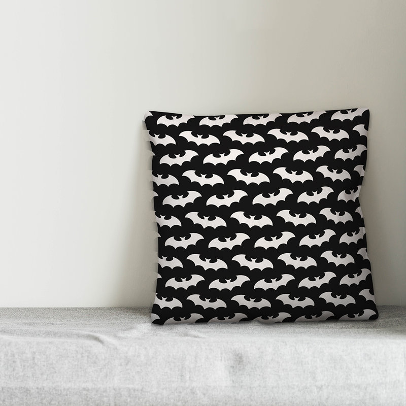  Bat Throw Pillow Cover, 16" x 16", Black, Polyester/Polyfill