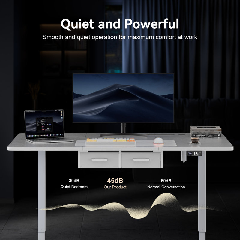 Adjustable Metal Base Standing Desk with Power Outlet, White/White, 160cm W x 80cm D