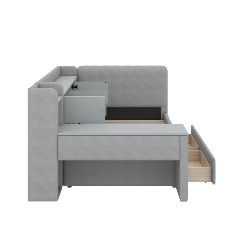 Lit de jour simple tapissier avec tiroirs, tablettes, armoires rabattables et table d'appoint, Gris
