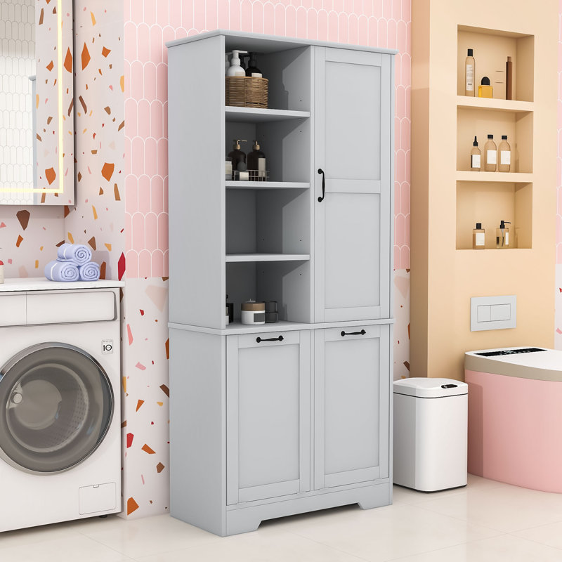 Élégante armoire de rangement pour salle de bain avec paniers à linge inclinables, tablettes réglables et anti-basculement