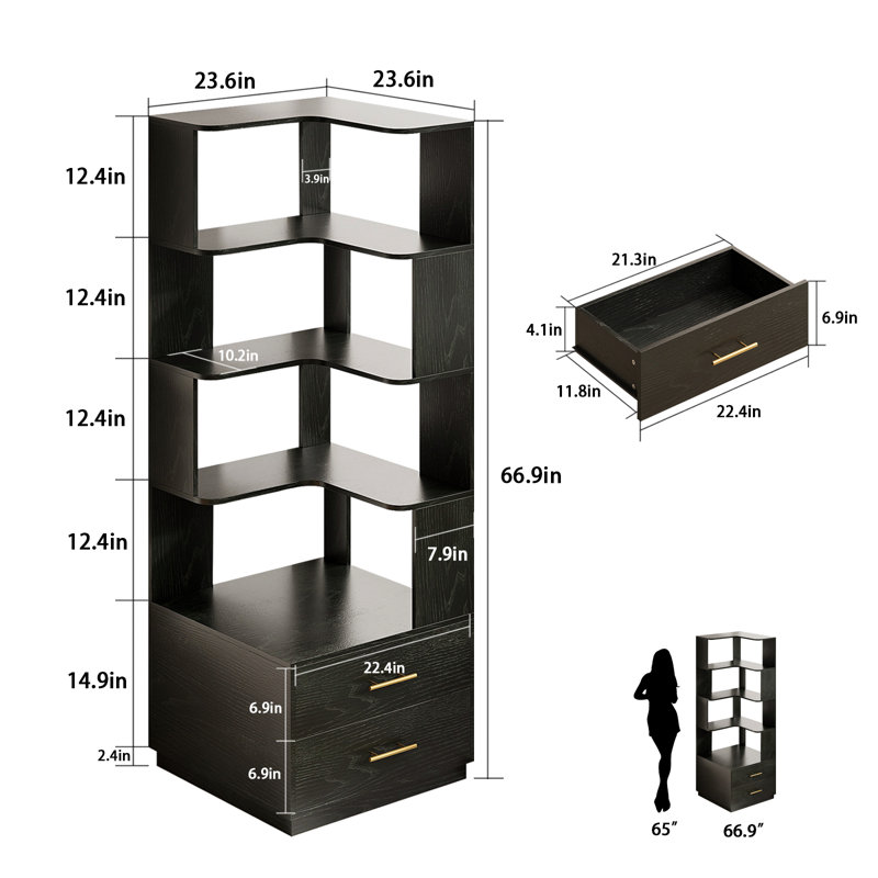 5 Tier Corner Bookshelf, 71" Wood Bookcase With Baffle And 2 Drawers, Morden Freestanding Display Rack With Anti-Tipping Device, For Living Room, Home Office, Bedroom