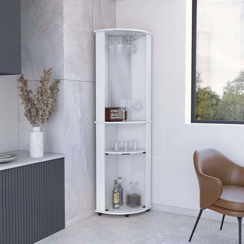 Bar en miroir avec portes en verre et porte-verres à pied, Blanc