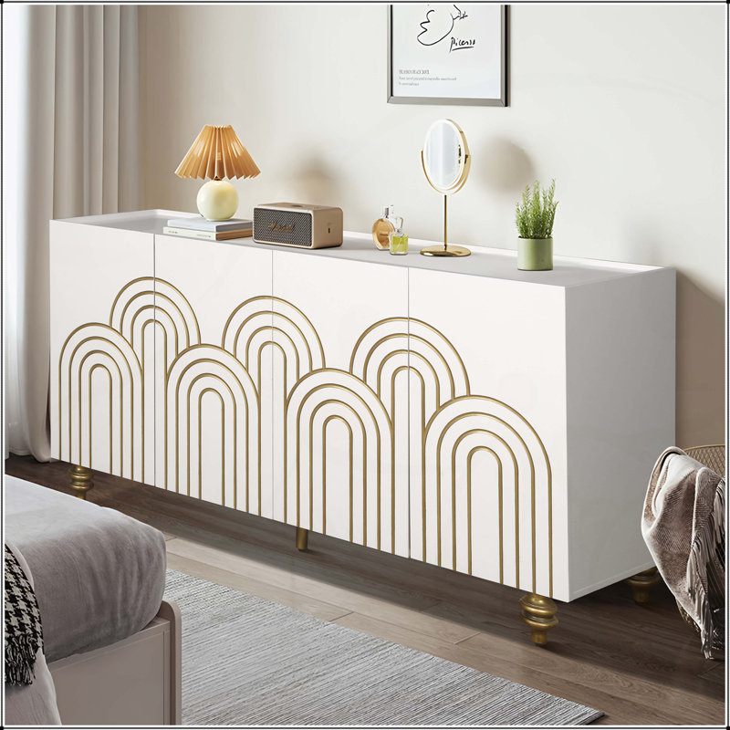 Buffet moderne cannelé avec rangement, éléments courbés et lignes strictes, armoire à 4 portes pour une utilisation polyvalente