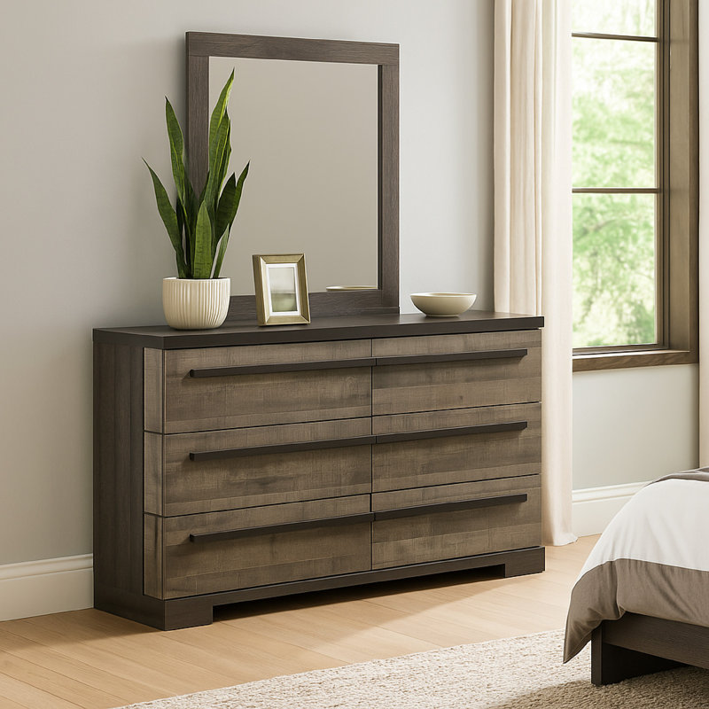 Ruthe Wide Dresser With 6 Drawers, Wood, Gray/Ebony Black