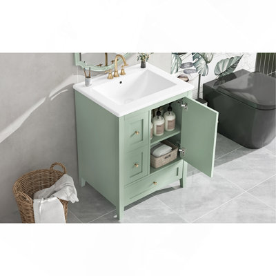 24-Inch Bathroom Vanity with Storage, Adjustable Shelf, MDF & Rubberwood, Removable Dividers, Green Finish
