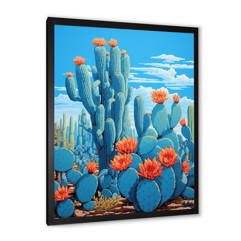 Cerulean Blue Cactus Collage sur toile, Cadre simple noir, H 32 po x l 16 po x P 1 po