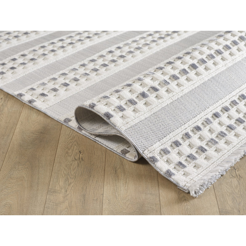 Tapis en polyester teint dans l'espace à motif géométrique gris et blanc Milos Collection, Rectangle 7 pi 6 po x 10 pi 6 po