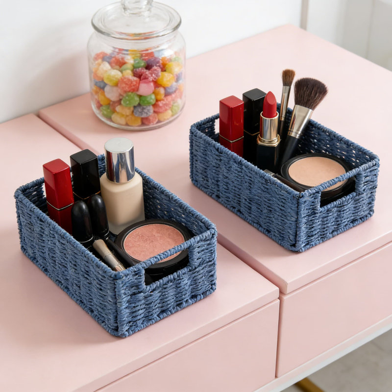 Hand-Woven Paper Rope Storage Baskets, Set Of 2 Collapsible Wicker Organizer Bins For Shelves, Foldable Cube Baskets For Bathroom, Living Room, And Kitchen Organization