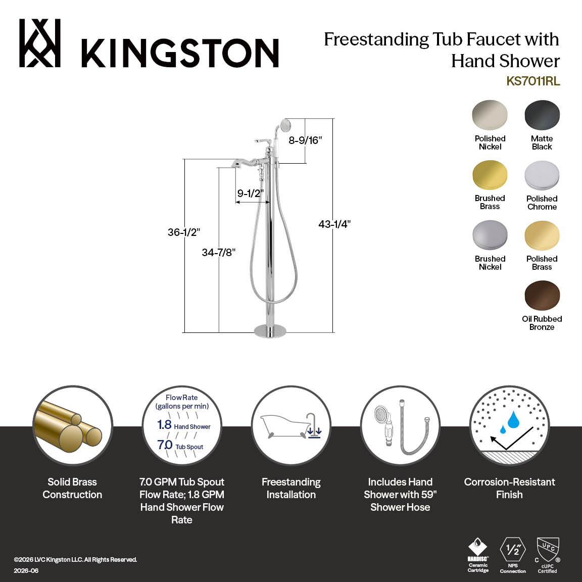 Royale Freestanding Tub Faucet with Hand Shower, Oil Rubbed Bronze